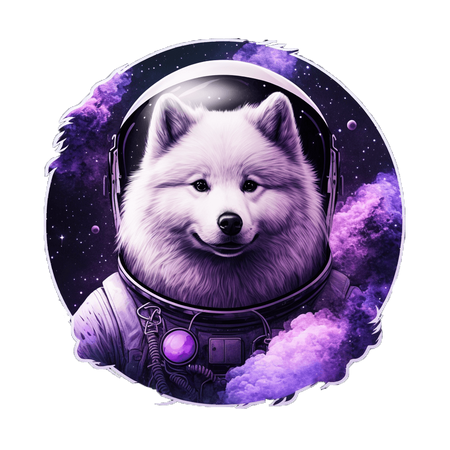 A floating astronaut dog in a space suit